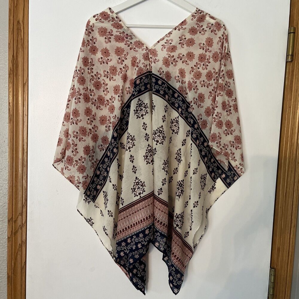 Vince Camuto Sheer Oversized Top Shawl Cape Floral Cream Rust Blue XS/S Boho - Picture 3 of 10